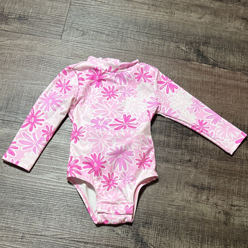 Andy & Evan Pink Floral Long-Sleeve Baby Swimsuit Bodysuit